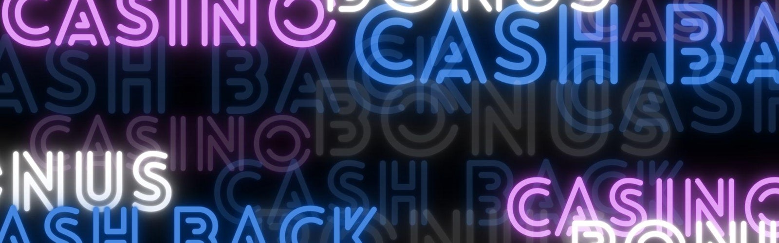 黒い背景に青と紫のネオン風のアルファベットでCASH BACkと書かれたテキストが散りばめられている様子