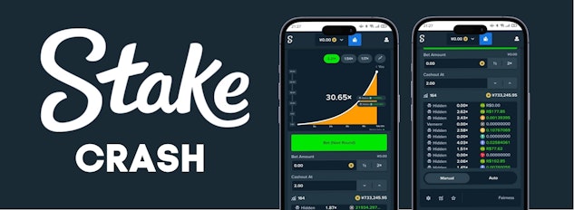 左側にステークカジノのロゴ、右側にモバイルでのクラッシュプレイ画面があるバナー