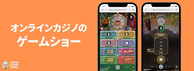 オレンジ色の背景の左側に「オンラインカジノのゲームショー」と白い文字で描かれており、右側にゲームショーをプレイしているモバイルのモックアップが配置されている