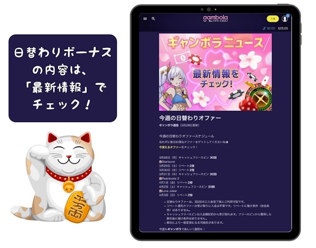 ギャンボラ 日替わりボーナスは「最新情報」ページでチェック