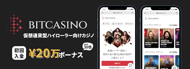 黒色の背景の左側にビットカジノのロゴがあり、右側に実際のビットカジノのモバイルの画像があるバナー