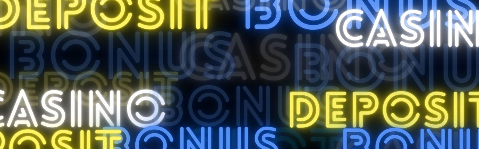 黒の背景に青と黄色と白のネオン系のフォントで、「deposit、bonus、casino」とバラバラに書かれている様子