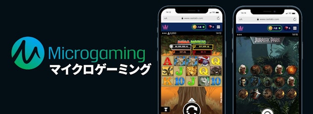黒の背景の左側にMIcrogamingのロゴ、右側にそのゲームのモックアップ画像が二つある様子